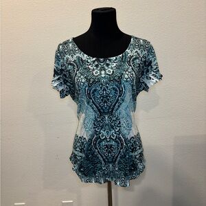 Mcbling blue & white paisley print top